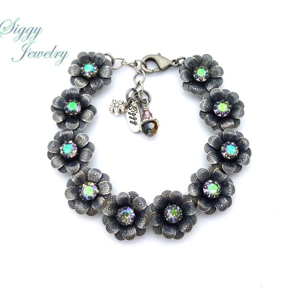Swarovski Crystal Flower Statement Silver Bracelet - Picture 5 of 8